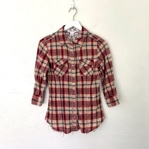 Overdrive Red Tan Plaid Cotton Western Pearl Snap Shirt Raw Hem